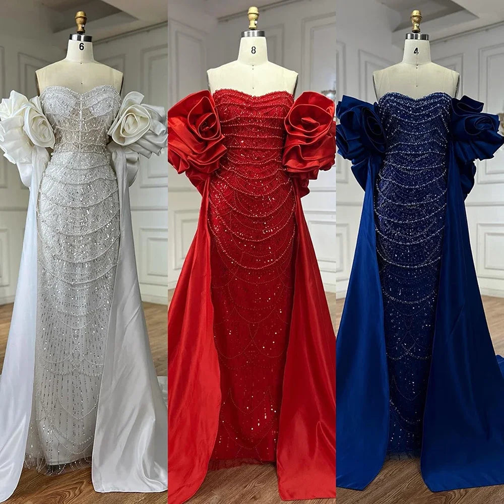 Custom Red Strapless Mermaid Wedding Gown With Pearl Beaded Cape Dress