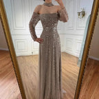 Caramel Beaded Off Shoulder Evening Dress With Long Sleeves For Party
