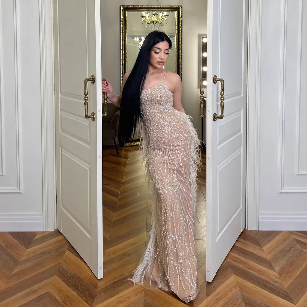 Serene Hill White Beaded Feathered Mermaid Evening Dress Custom Women