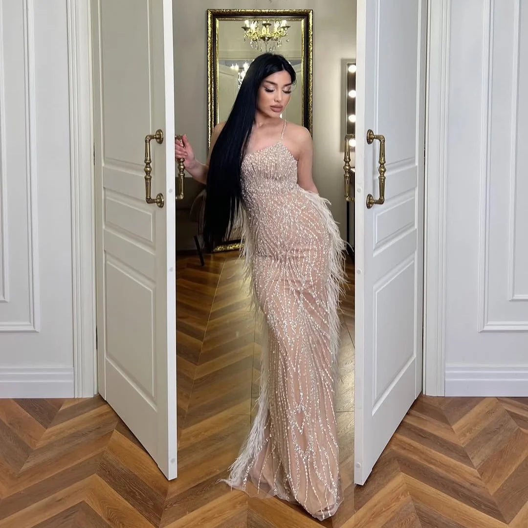 Serene Hill White Beaded Feathered Mermaid Evening Dress Custom Women