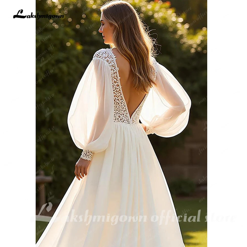 Ivory Chiffon A Line V Neck Wedding Dress With Lace Court Train Custom