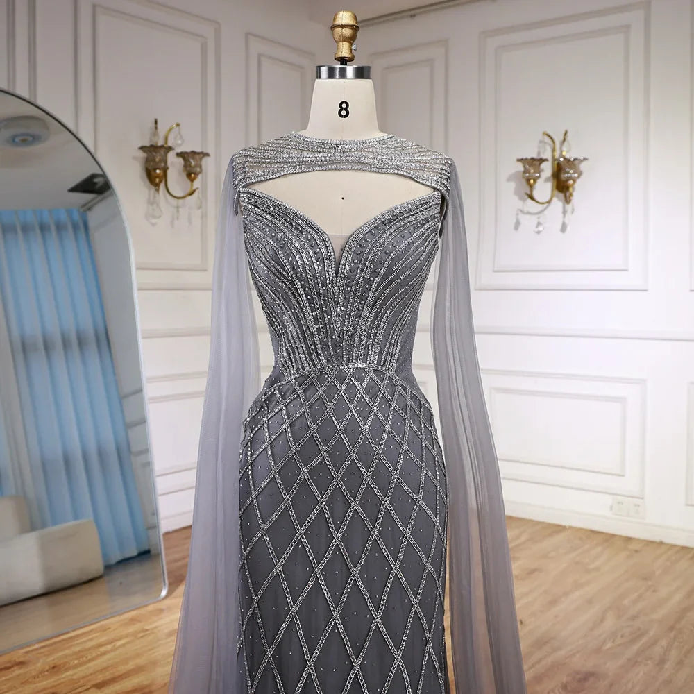 Luxury Nude Beaded Mermaid Evening Dress with Cape LA72814