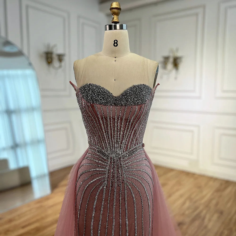 Pink Pearls Beaded Arabic Mermaid Evening Dress with Overskirt LA72811B