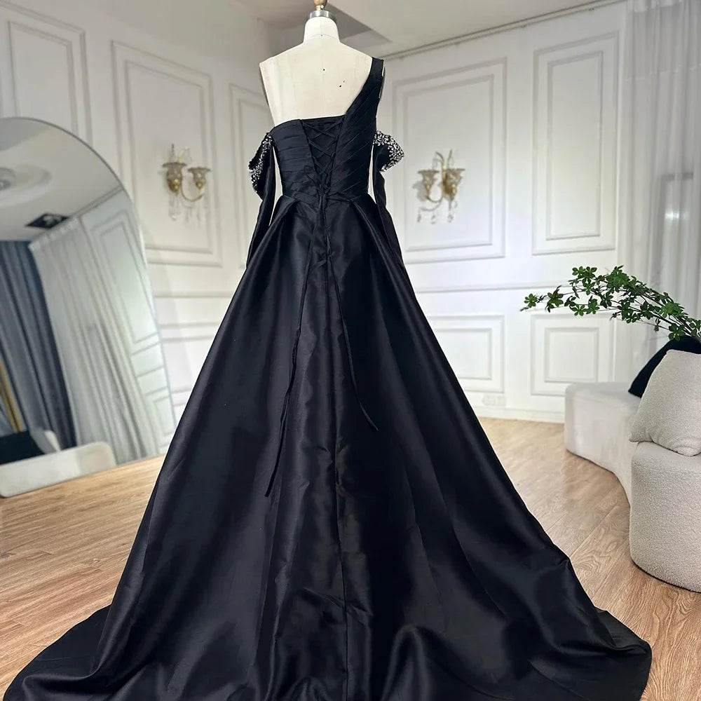Custom Black One Shoulder Beaded A Line Formal Evening Gown