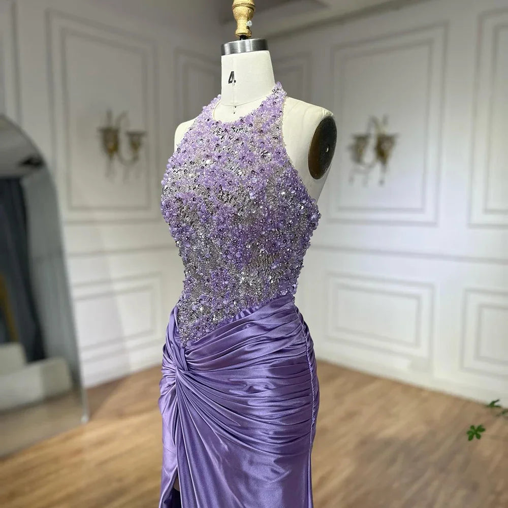 Custom Lilac Halter Mermaid Evening Gown Side Slit Wedding Bridesmaid Dress