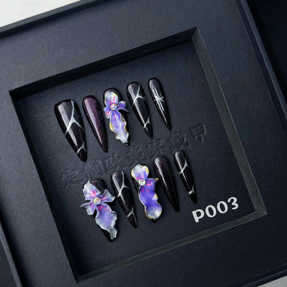 10 uñas postizas hechas a mano, bonitas y geniales, estilo Y2k, largas, de aguja, azules, con flores talladas en 3D, estilo hawaiano, para verano. 