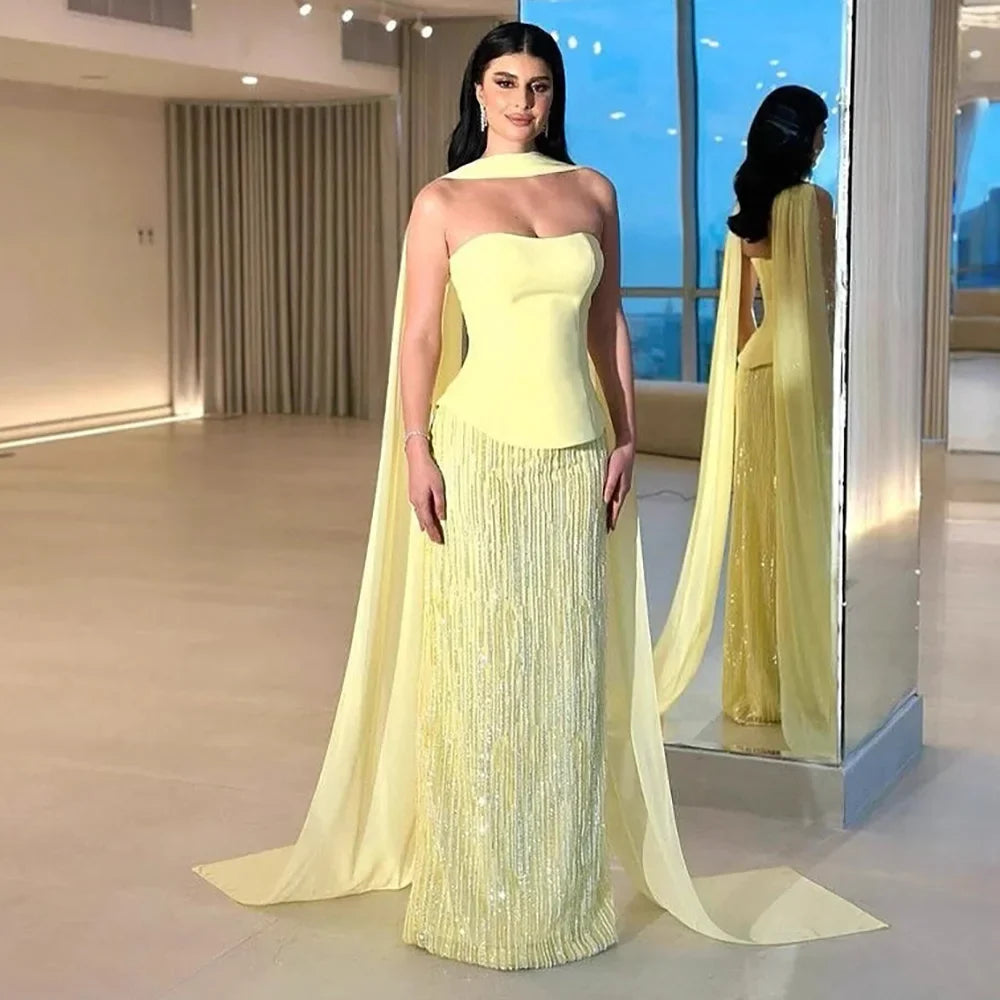 Luxury Yellow Chiffon Mermaid Evening Dress with Cape LA73007