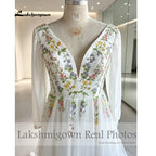 Customized Chiffon Embroidered Bridal Gown With Puff Sleeves And Lace Up Back