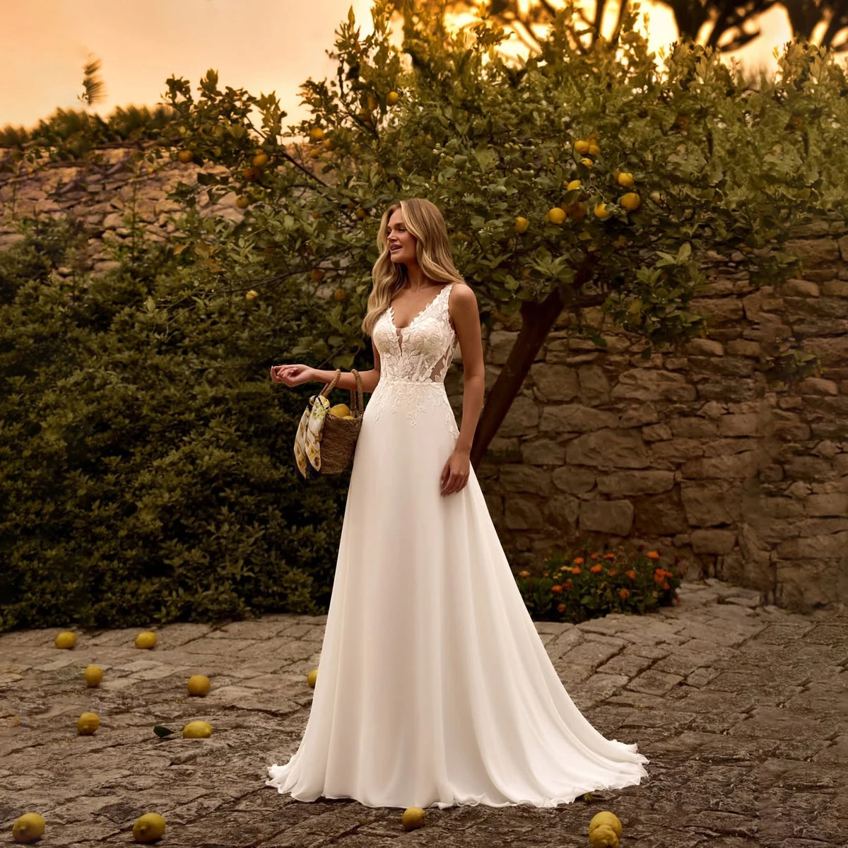 Boho Chiffon Wedding Dress Sleeveless Deep V Lace Sweep Train