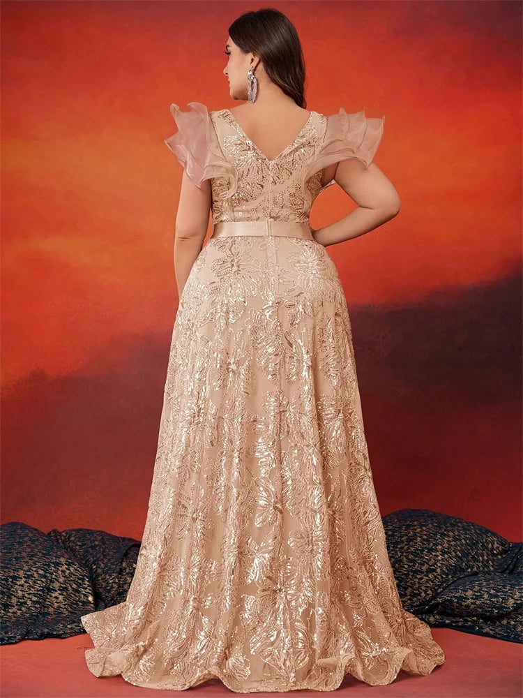 Vestido de noche gris con lentejuelas, escote en V y talla grande BLUEPLUM, elegante para mujer, espalda en V, vestido largo para boda, fiesta, baile de graduación y cóctel