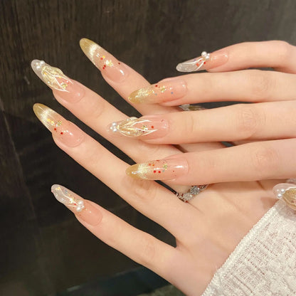 10 uñas postizas de ojo de gato brillantes, hechas a mano, pintadas a mano, doradas, con forma de cola de sirena y perla, uñas postizas almendradas para chicas dulces. 