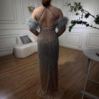 Luxury Silver Nude Mermaid Evening Dress with Beaded Tassel LA72083