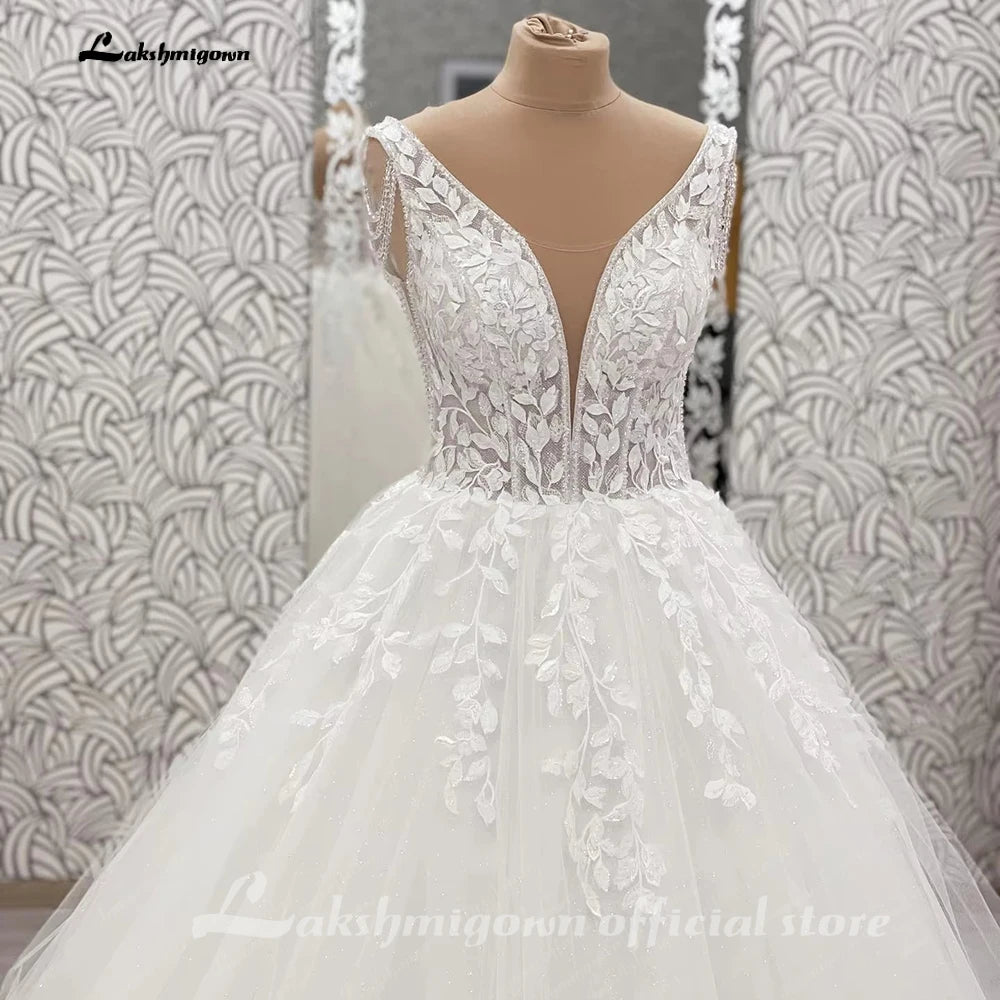 Lakshmigown Custom Beaded V Neck Wedding Dress With Tassel And Lace Up Back