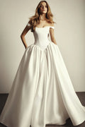 Kyoto Custom White Satin Off Shoulder A Line Wedding Dress With Court Train