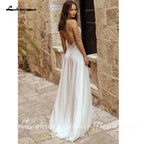 Halter Neck Lace Chiffon Boho Split Side Backless Wedding Dress