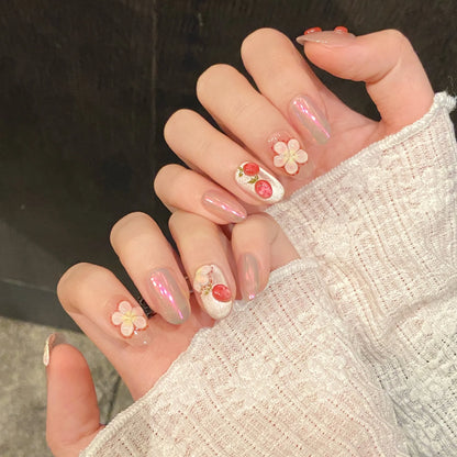 10 parches de uñas postizas ovaladas cortas y dulces, pintados a mano, con diseño de flor de fresa rosa en 3D, para primavera y verano, hechos a mano. 
