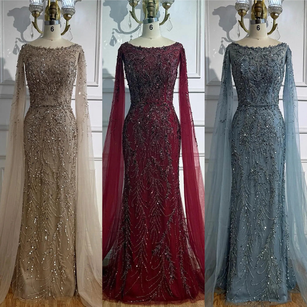 Customized Caramel O Neck Mermaid Evening Dress With Cape Sleeve