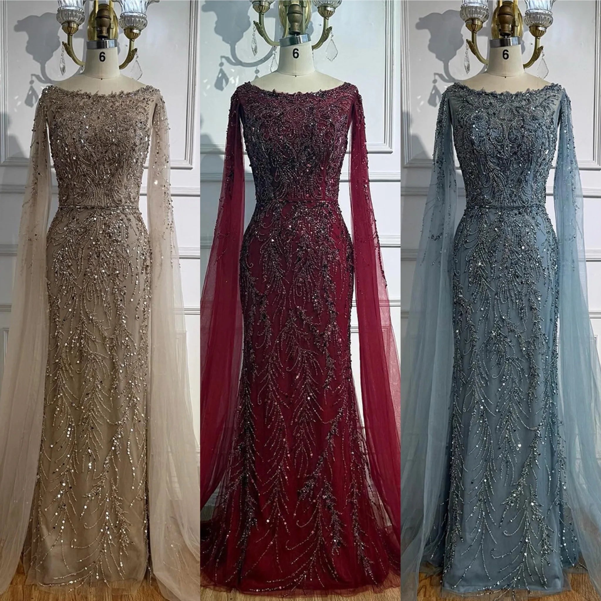 Customized Caramel O Neck Mermaid Evening Dress With Cape Sleeve