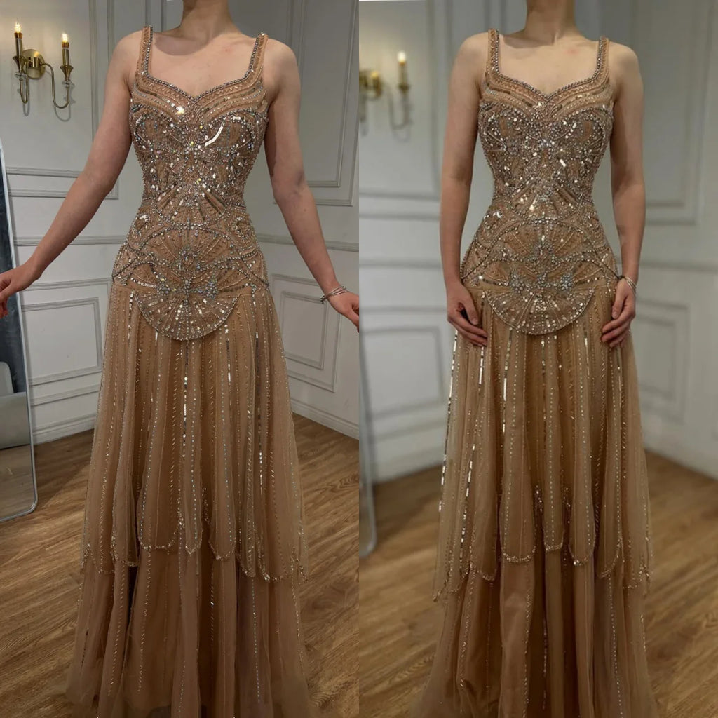 Serene Hill Custom Nude A Line Beaded Luxury Evening Party Gown 2026
