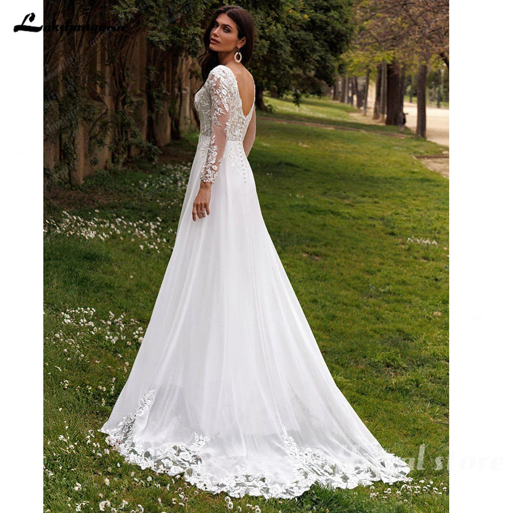 Boho V Neck Lace Chiffon Wedding Dress A Line Custom