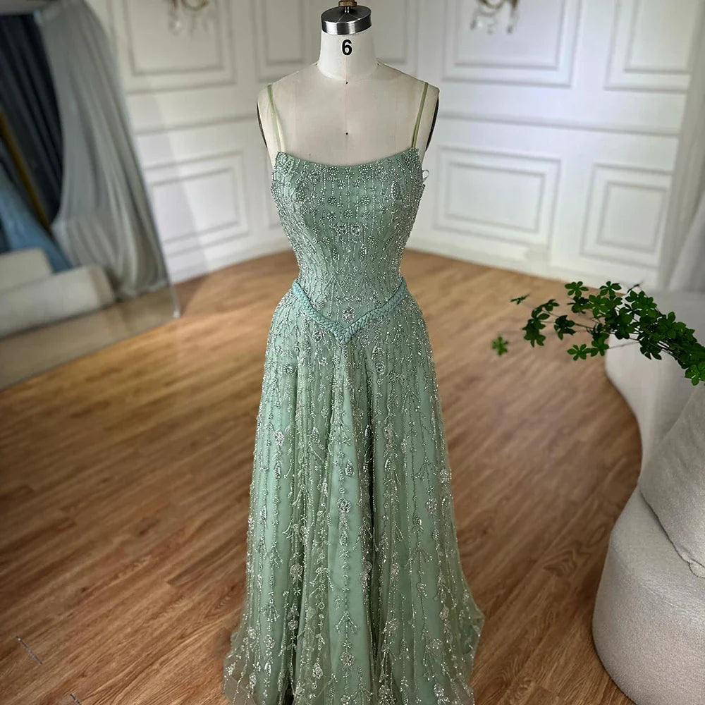 Luxury Sage Green Beaded A-Line Spaghetti Strap Evening Dress LA72805