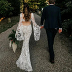 Custom Boho Lace Wedding Dress Rustic Beach Square Neck Batwing Sleeves Gown