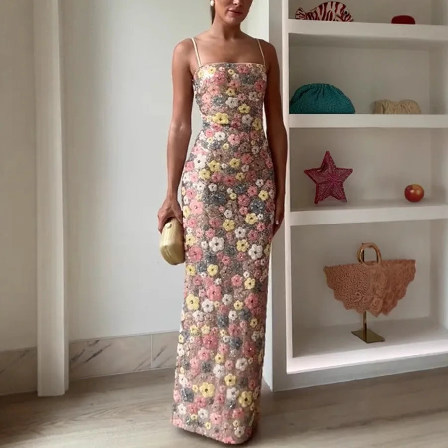 Summ Frauen Blumen Pailletten Flickwerk Enges Festliches Langes Kleid Trägerlos Modisches Maxikleid, Sexy Ärmelloses Damenkleid Kleider
