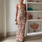Summ Frauen Blumen Pailletten Flickwerk Enges Festliches Langes Kleid Trägerlos Modisches Maxikleid, Sexy Ärmelloses Damenkleid Kleider