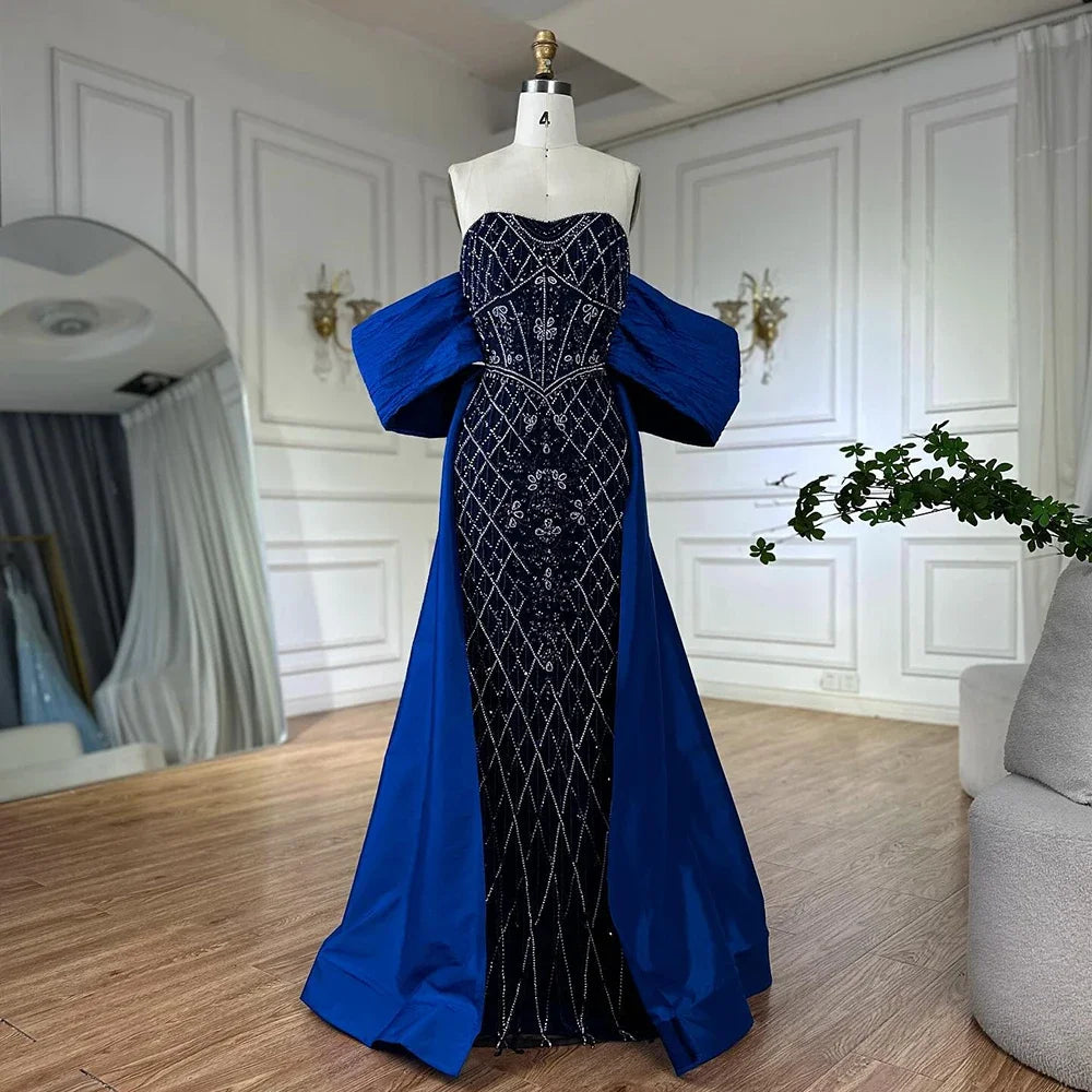 Nude Strapless Off Shoulder Mermaid Beaded Evening Dress Gown Custom Overskirt