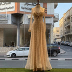 Luxury Beaded A Line Evening Dress With Lapel Collar For Modest Formal Wear