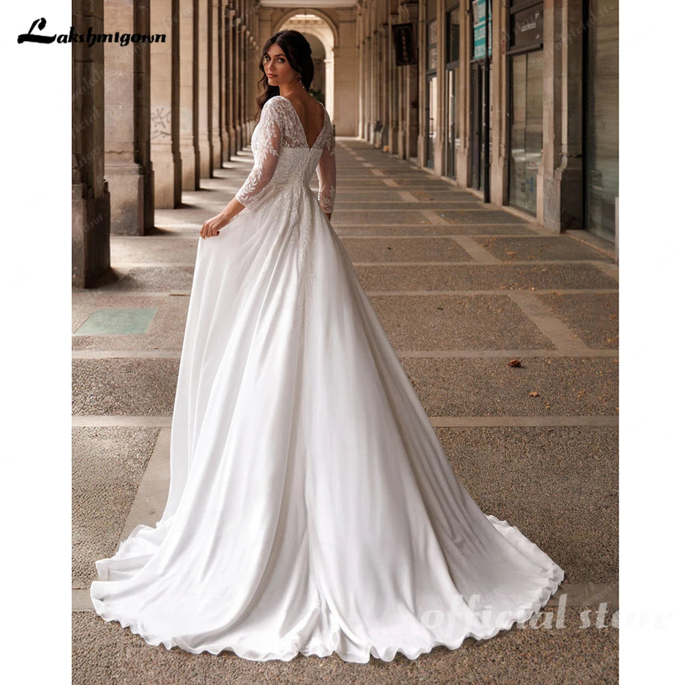 Lakshmigown V-Neck A-Line Lace and Chiffon Boho Beach Wedding Dress Custom