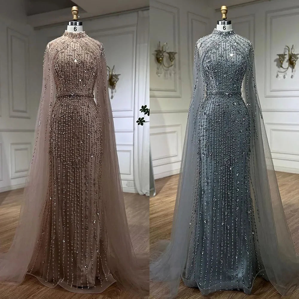 Custom Gray Mermaid Gown Cape Sleeves Beaded Pearls Elegant Evening Dress