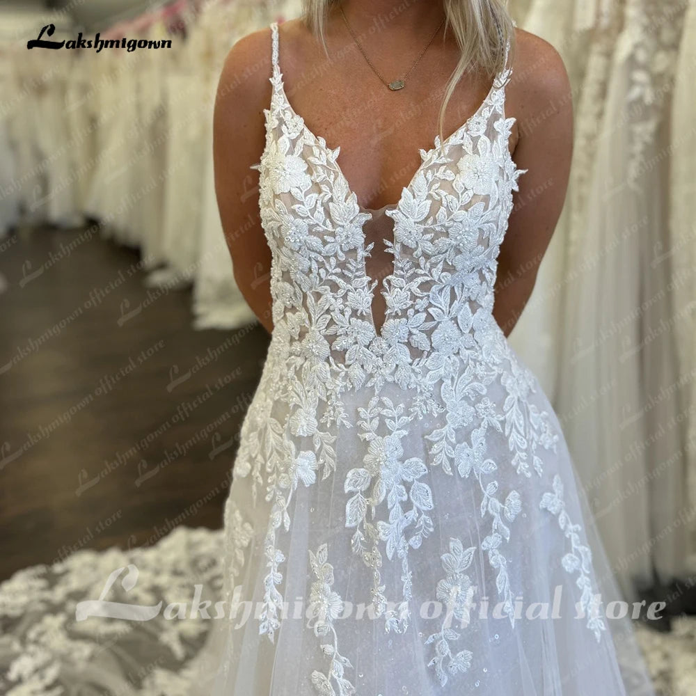 Custom Boho Lace A Line Bridal Wedding Dress Spaghetti Straps
