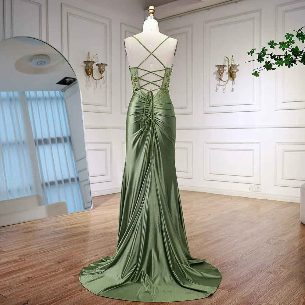 Luxury Sage Green Satin Prom Dress with Slit LA73032