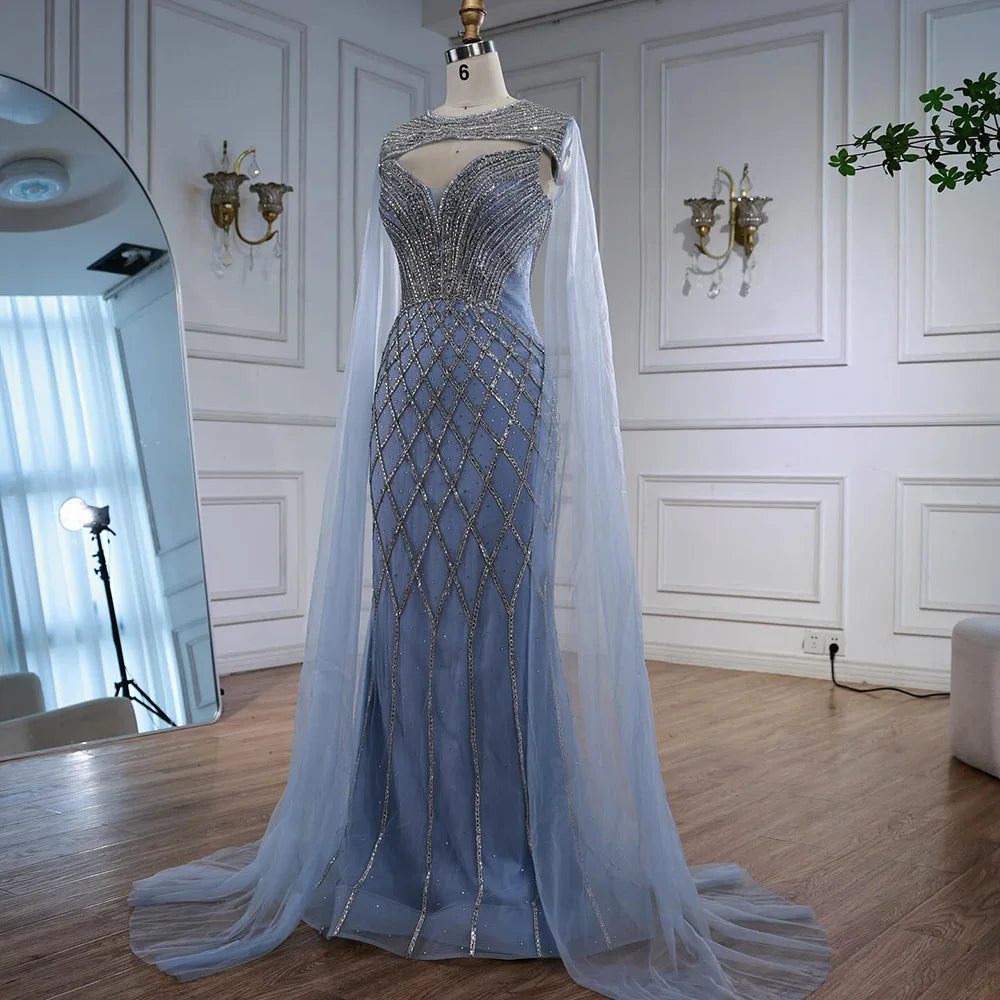 Luxury Nude Beaded Mermaid Evening Dress with Cape LA72814