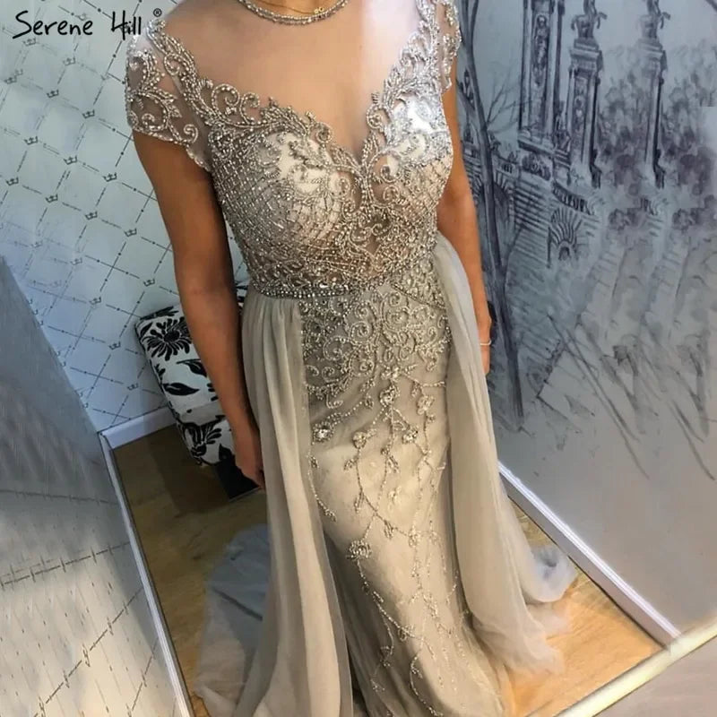 Women Custom Mermaid Evening Dress Beaded Short Sleeve Formal Gown