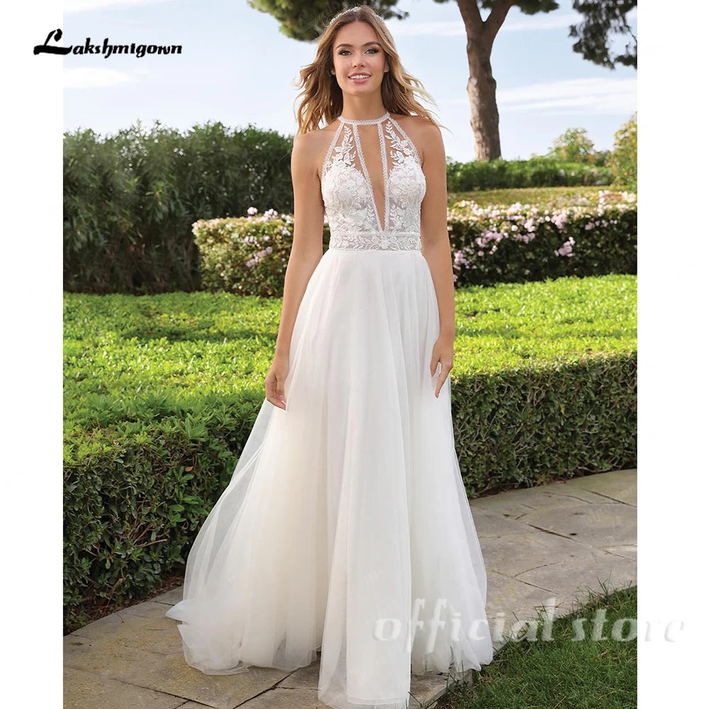 Lakshmigown Halter Neck Tulle Wedding Dress With Sweep Train And Button Back