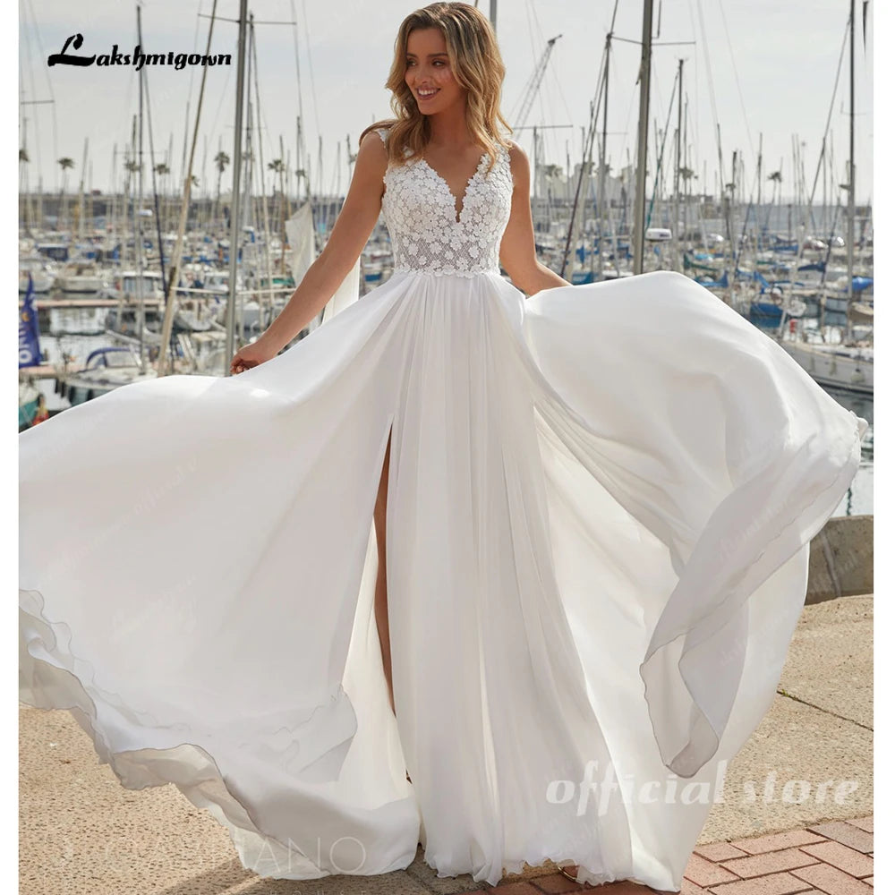 Lakshmigown Custom Beach Wedding Dress Sleeveless V Neck Lace Chiffon