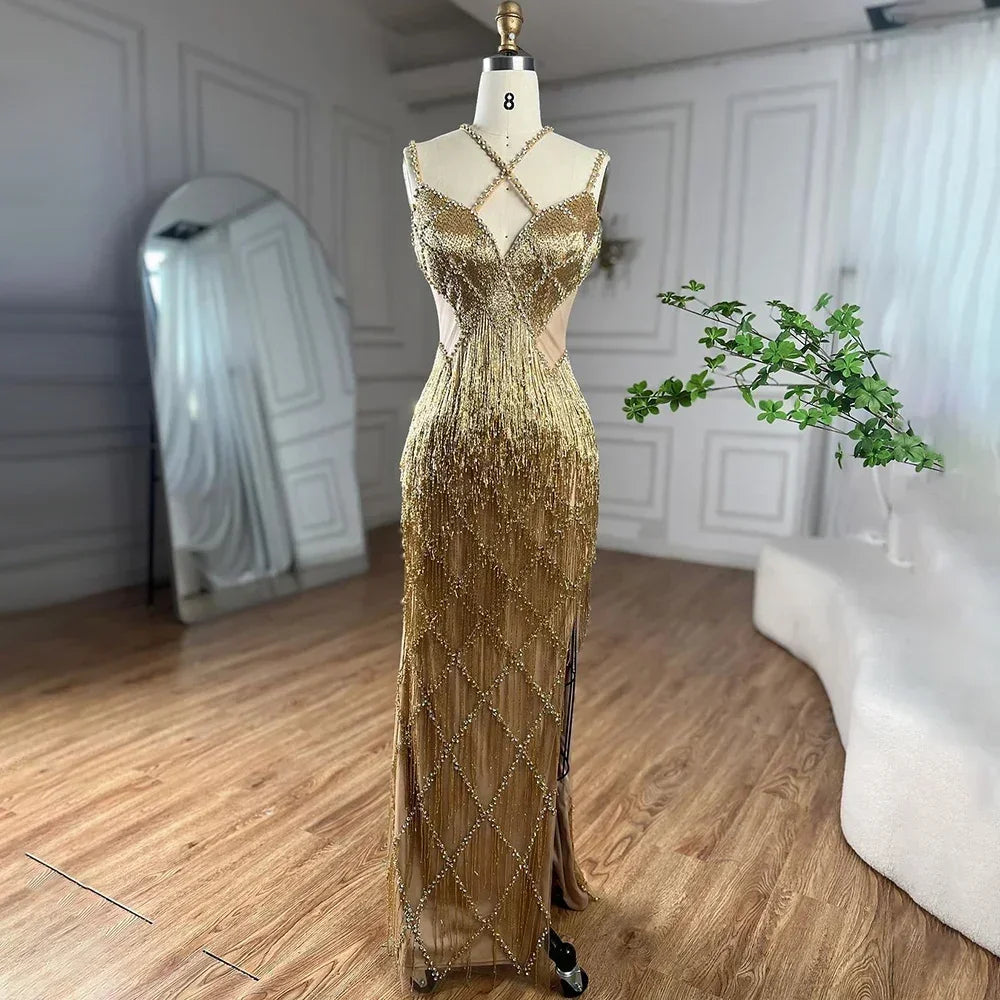 Custom Silver Mermaid Evening Gown With Beaded Tassel Trim