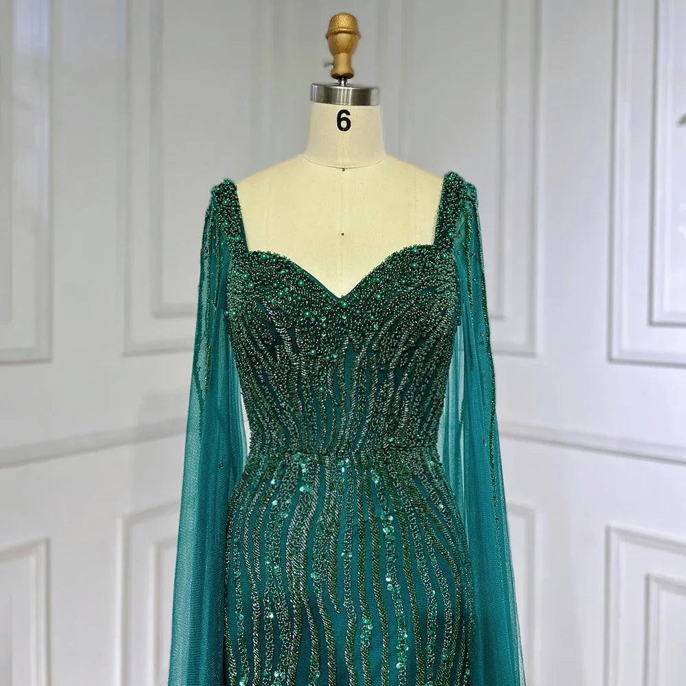 Blue Mermaid Beaded Evening Dress with Cape Sleeves Custom Wedding Gown