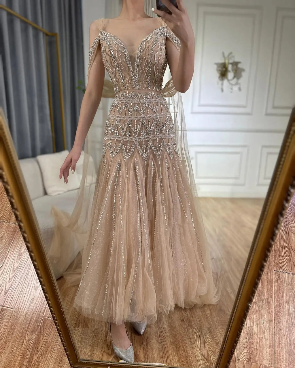 Customized Nude A Line Midi Prom Dress Glitter Beaded Evening Party Gown