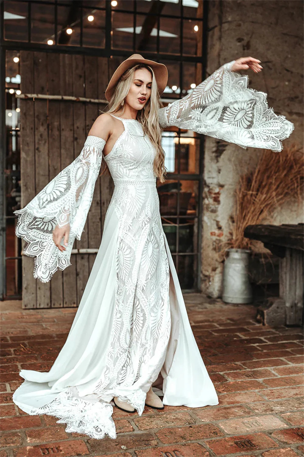 Bohemian Cold Shoulder Wedding Dress With Bell Sleeves And Side Slit