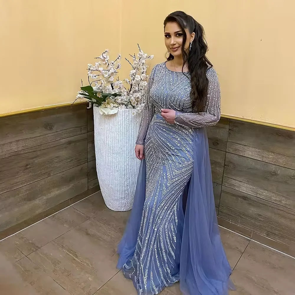 Custom Blue Grey V Neck Mermaid Beaded Evening Dress For Women