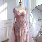 Custom Black Long Sleeve Beaded Evening Dress Overskirt Formal Gown Women