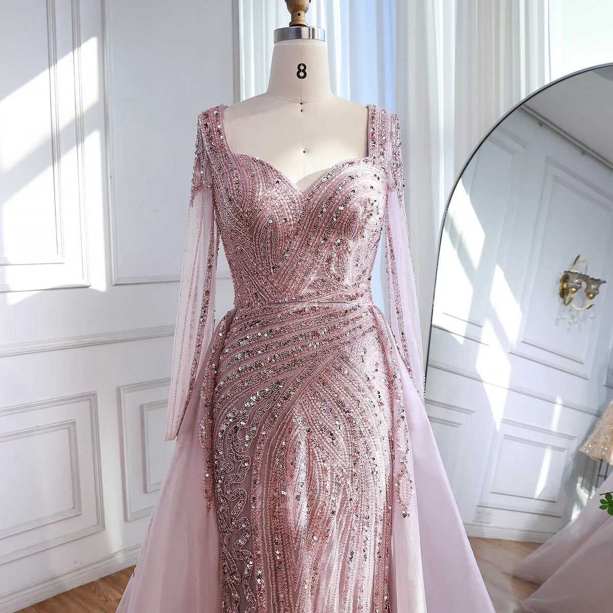 Custom Black Long Sleeve Beaded Evening Dress Overskirt Formal Gown Women