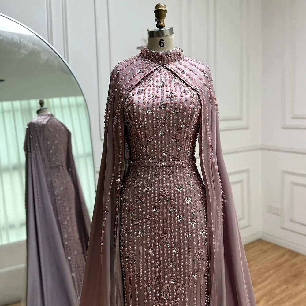 Pink Long Sleeve High Neck Mermaid Beaded Evening Gown With Cape For Women