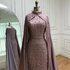 Pink Long Sleeve High Neck Mermaid Beaded Evening Gown With Cape For Women