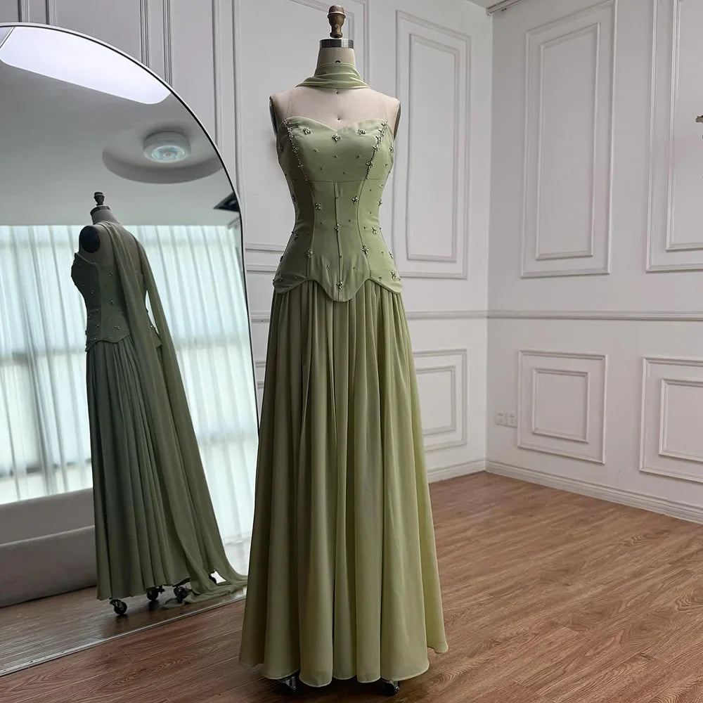 Vestido de noche elegante de gasa verde salvia en línea A LA73073