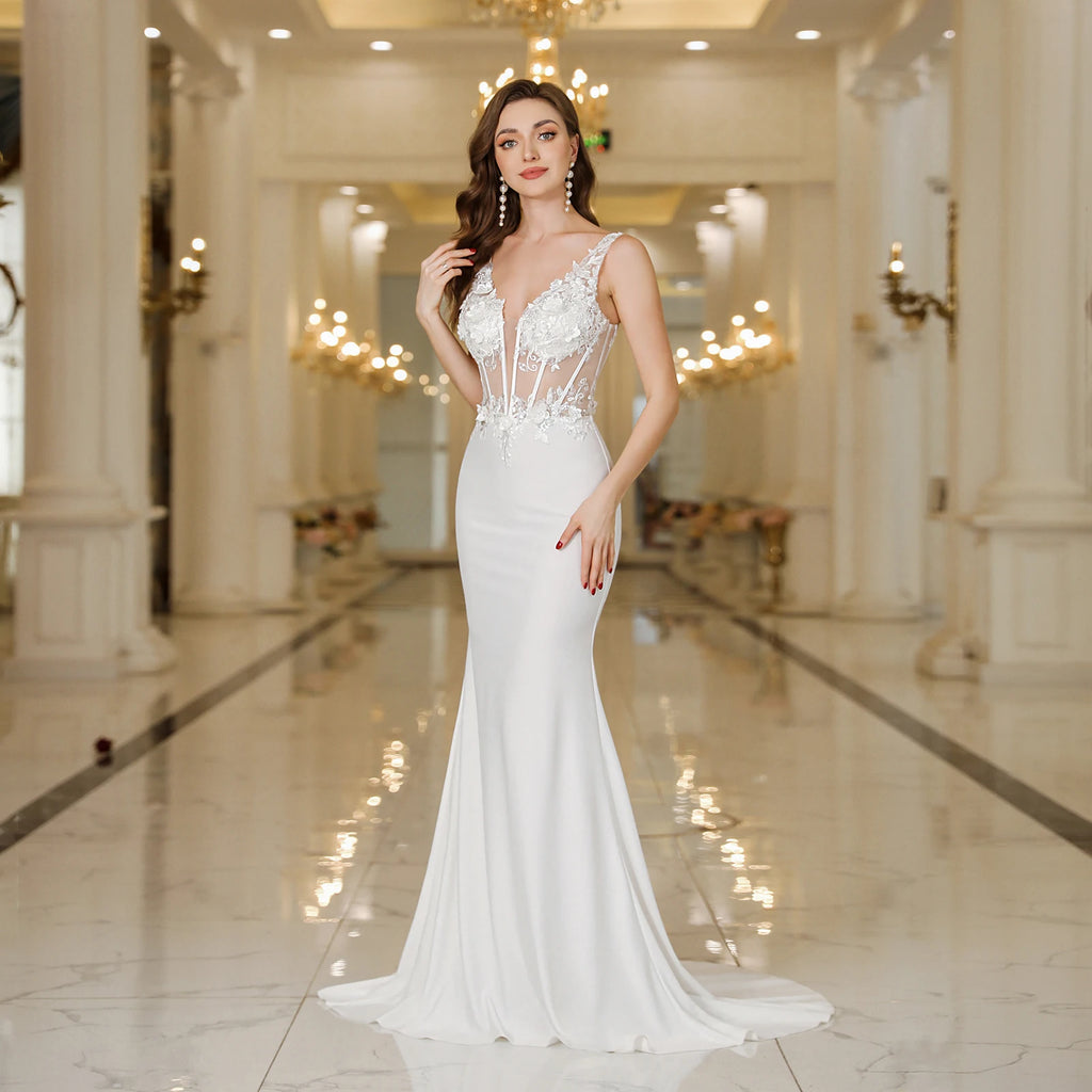 Misshow Elegant White Mermaid Wedding Dress Lace Pearl V Neck Gown