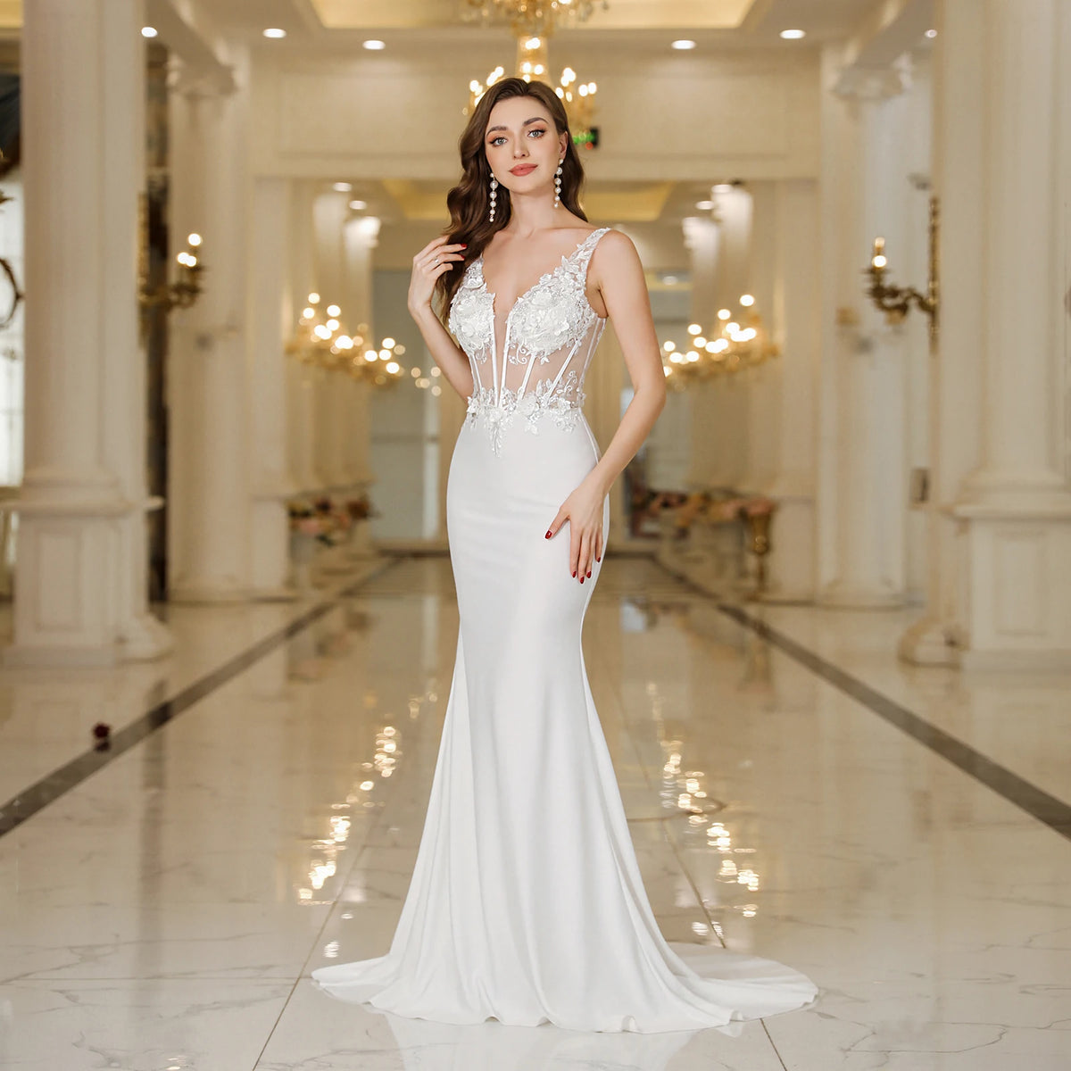 Misshow Elegant White Mermaid Wedding Dress Lace Pearl V Neck Gown